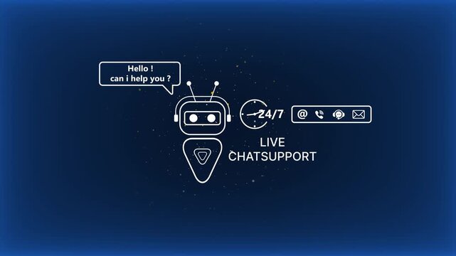 Live chat support robot with 24/7 availability on dark blue background chatbot customer service 24/7 support