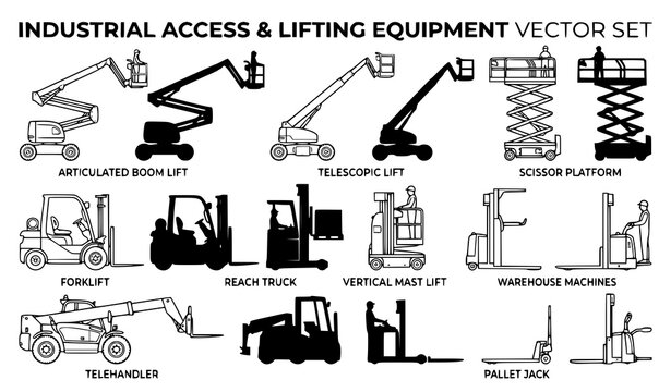 Industrial lifting machine vector collection with boom lifts scissor lifts forklifts and telehandlers isolated on white background