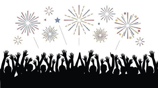Crowd of people with hands raised celebrating under colorful fireworks display vector graphic