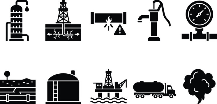 Natural gas extraction and refinery icon set including fracking pipeline storage tank offshore oil rig truck.