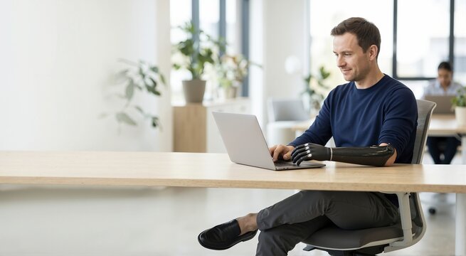 Disabled man with a prosthetic arm working on a laptop in a modern office. Professional male amputee typing at a desk