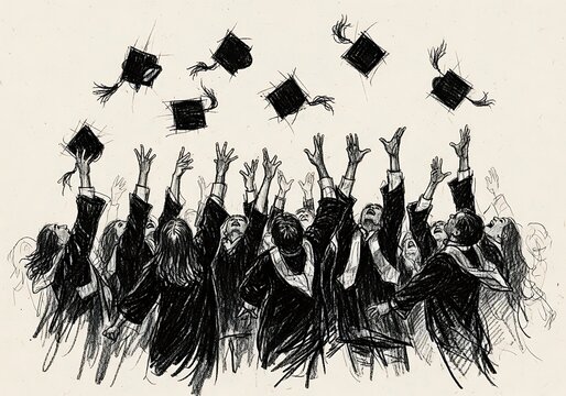 Dynamic Charcoal and Graphite Hand-Drawn Sketch of Group of Graduates Throwing Caps in Celebration bio7gc8ff