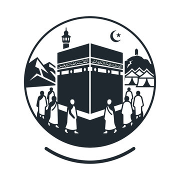 Islamic Kaaba pilgrimage vector icon, Hajj and Umrah religious illustration, black and white Muslim worship emblem