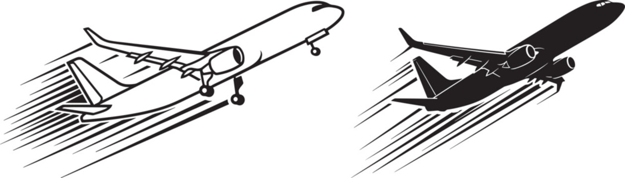 Airplane take off vector set in black silhouette and line art style on white background with airplane aviation aircraft silhouette