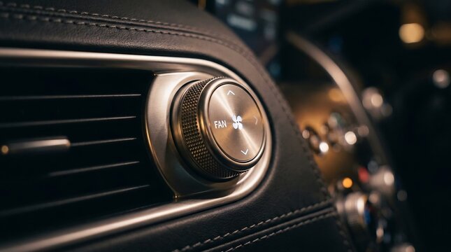 Closeup of a cars air conditioning control knob on a black dashboard