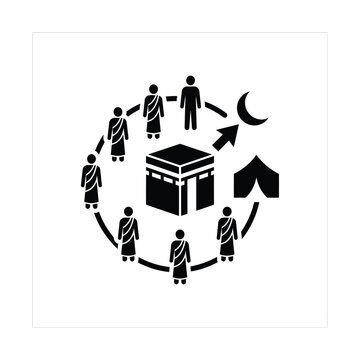 Islamic Hajj pilgrimage icon, Muslim pilgrims circling Kaaba in Mecca, religious worship and Umrah ritual vector