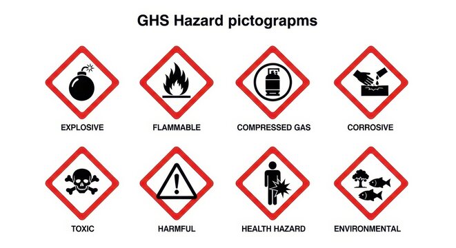 Set of GHS Hazard Pictograms and Symbols for Chemical Safety Warning Labels Isolated on White Background