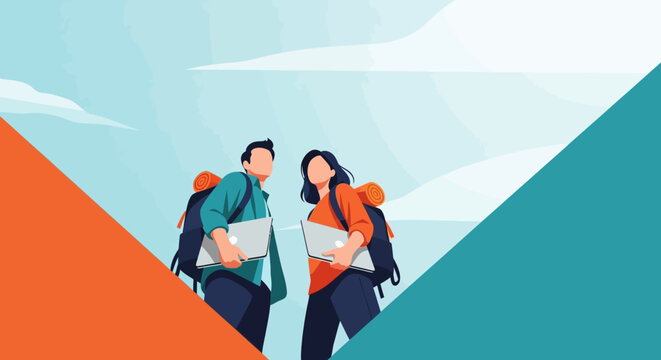Two young, adventurous digital nomads with backpacks and laptops stand confidently against a vibrant, abstract landscape, embodying freedom and remote work.