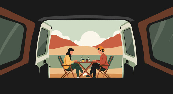 A serene view from inside a camper van, showing a couple enjoying a peaceful outdoor meal with scenic mountains and a lake in the background, embodying a tranquil travel experience.