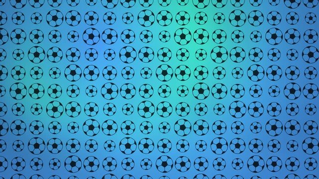 Seamless pattern of small black soccer balls on a vibrant blue and green gradient background, ideal for sports-themed designs.