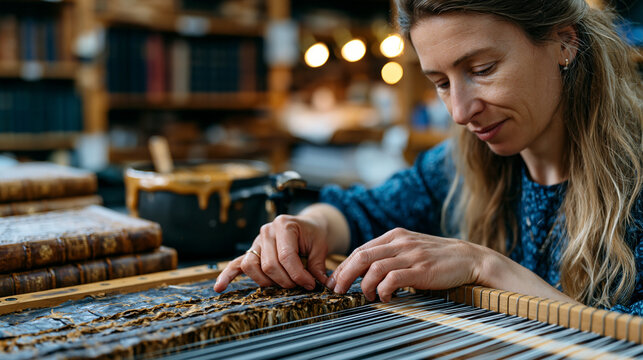 Artisan bookbinder stitches folded signatures onto a sewing frame in a heritage bindery workshop, animal-hide glue warming in a pot beside finished leather-covered volumes, depicting traditional boo