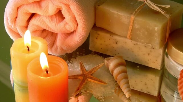 Relaxing spa setup with candles, soap, and seashells on a green surface