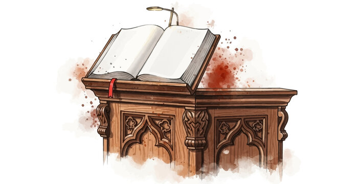 Antique wooden church pulpit vector with open bible illustration