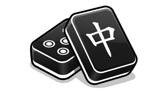 Traditional Chinese mahjong tiles vector illustration. Black mahjong red dragon character tile isolated on white.