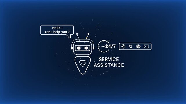 Customer service robot with 24/7 assistance and hello message on dark blue background with white outline