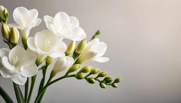 Delicate White Freesia Flowers Against A Soft Minimalist Background