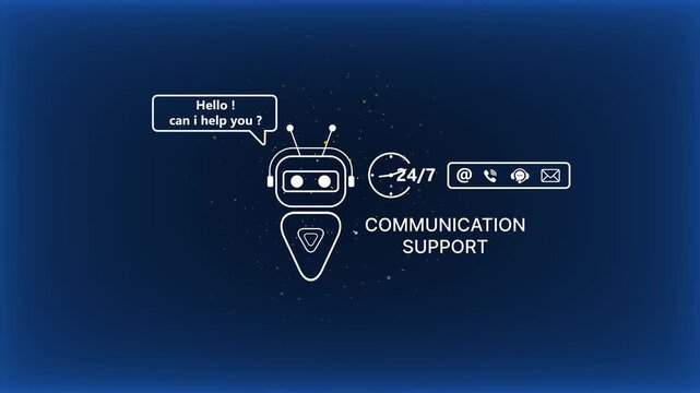 Robot customer service support communication concept with 24/7 availability and chatbot interface on dark blue background