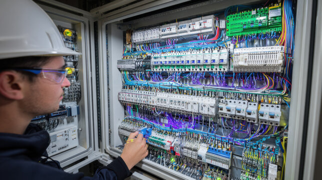 Electrical engineer wearing a white hard hat working on a complex control panel with many colorful wires and switches inside a modern industrial factory