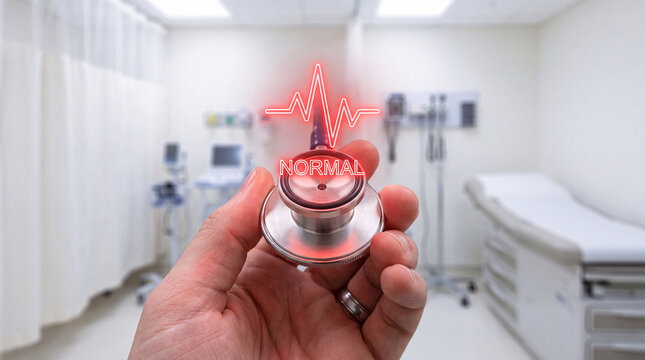 medical healthcare and cardiology concept featuring a hand with a stethoscope and a holographic normal ecg sign