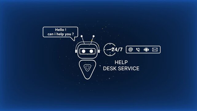 Help desk service robot with 24/7 support chatbot interface on dark blue background customer service