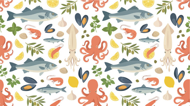 Seamless pattern with various seafood and Mediterranean ingredients.