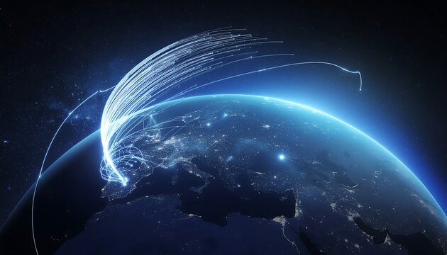 Blue glowing digital network data sphere with connections.