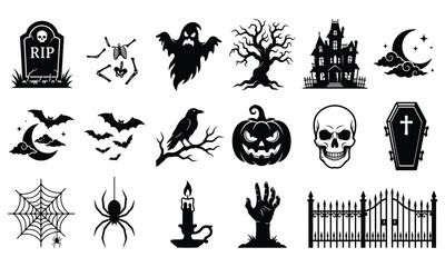 Fototapeta premium Halloween Silhouette Icons Set, Spooky Black Vector Elements for Halloween Decoration