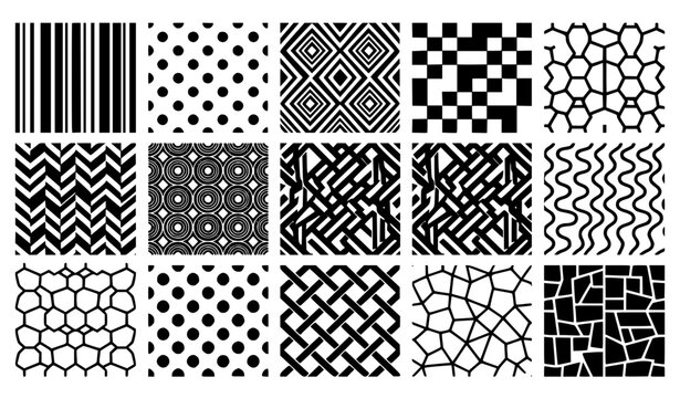 Abstract Geometric Black and White Pattern Set with Seamless Stripes Polka Dots Checkerboard and Voronoi Grid Textures for Modern Fabric Textiles, Wallpapers, and Backdrop Designs