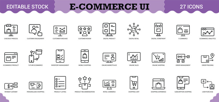 PrintE-Commerce UI Icon Set - 27 Editable Vector Icons for Online Shopping & Retail. Features shopping cart, checkout process, payment gateway, order tracking, inventory management, product listing, a