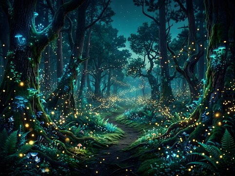 Glowing forest pathway with fireflies and luminescent mushrooms