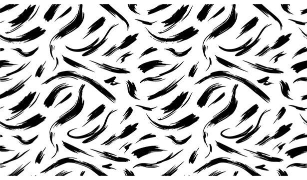 Seamless Black and White Tiger Stripe Pattern with Abstract Hand Drawn Brush Stroke Texture for Modern Fabric Textiles, Creative Wallpapers, and Safari Backdrop Designs