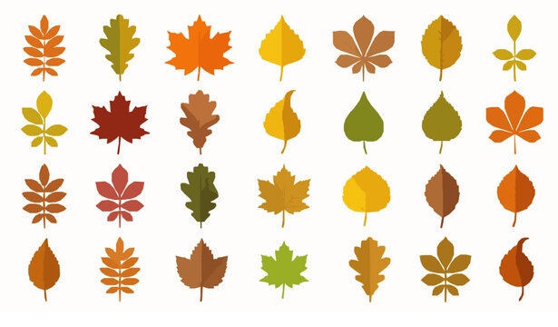 autumn, leaves, foliage, botanical, maple, oak, walnut, alder, chestnut, birch, rowan, harvest, seasonal, forest, colorful, orange, golden, red, brown, isolated, vector, illustration, nature, collecti