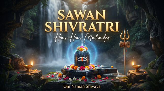 Sacred Shivling with Trishul beside waterfall for Sawan Shivratri devotional festival greeting banner design