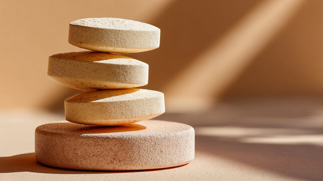 Small stack of light tan pharmaceutical tablets on a textured surface