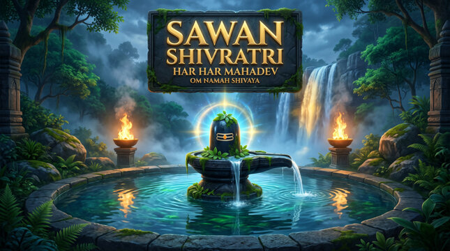 Sacred Shivling with waterfall and glowing temple flames for Sawan Shivratri devotional festival banner design