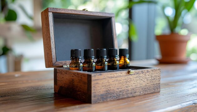 Wooden desk with vintage whiskey decanters and glasses.