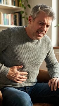 Mature man suffering from intense abdominal ailment, a symptom of gallbladder disease, clutching his side in distress, experiencing digestive system issues at home