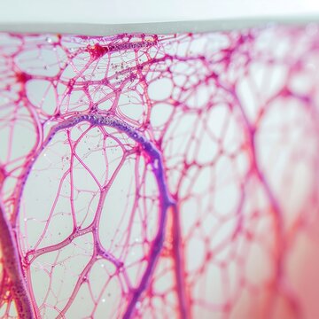Microscopic view of biological tissue network with capillaries.