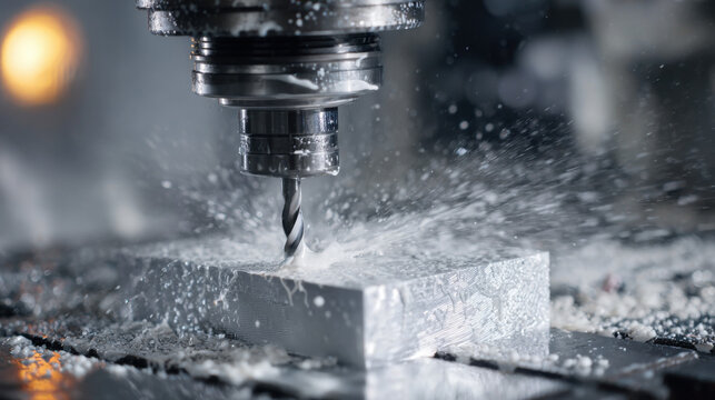 Industrial cnc milling machine cutting metal part with flying chips in a factory workshop