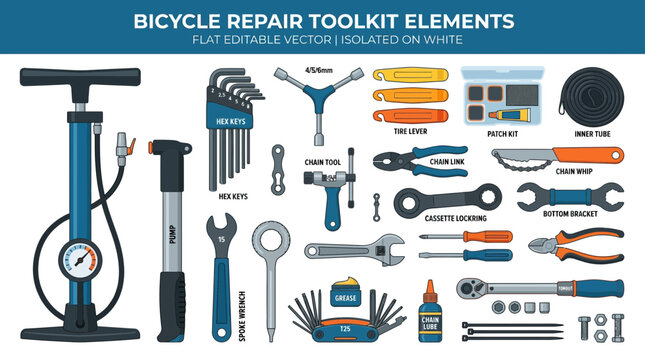 Bicycle repair toolkit elements on white background