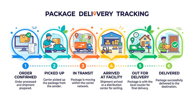 Package delivery tracking steps 007 from order confirmed to delivered successfully