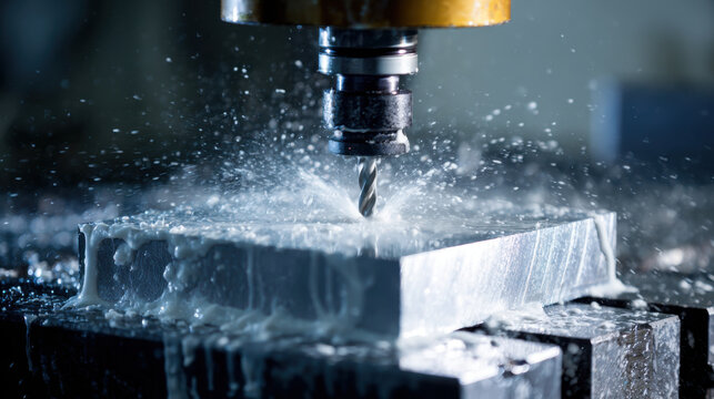 Industrial cnc milling machine cutting metal part with coolant spray and metal shavings in a factory workshop