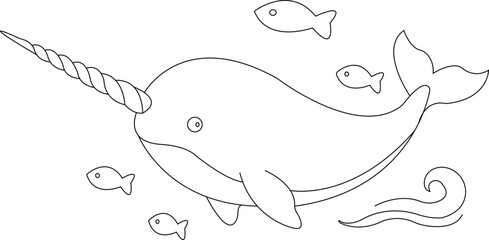 Cute Narwhal Coloring Page for Kids – Ocean Animal Line Art Vector © MSTASSFI
