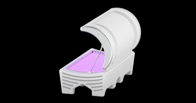 Tanning bed with UV lamps rotation animation seamlessly loopable. 3D rendering isolated on transparent background