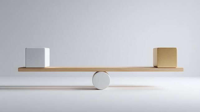 Wooden plank balance scale with white and gold cubes on gray background