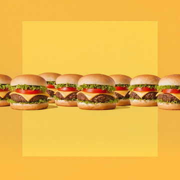 Ten identical mini burgers arranged in a perfectly aligned horizontal row on a bright yellow background, creating a bold minimalist food advertising composition with strong negative space.