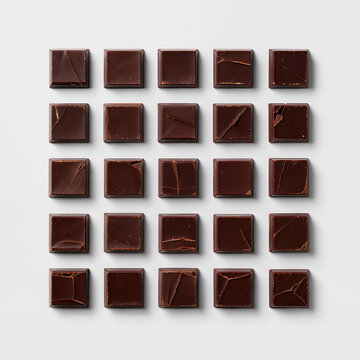 Thirty-six dark chocolate squares arranged in a precise 6&times;6 grid on a light gray background, featuring subtle texture variations, mathematical spacing, soft diffused lighting, and minimalist luxury fo