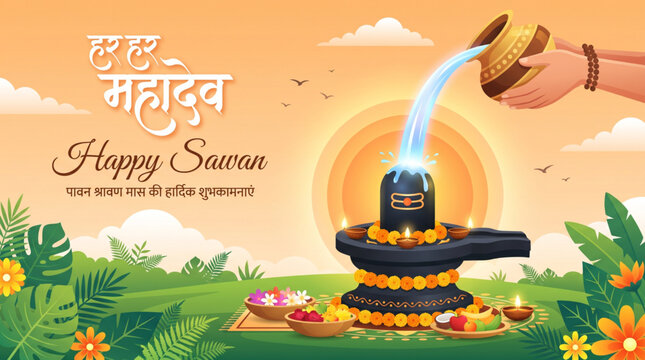 Happy Sawan greeting banner with sacred Jalabhishek on Shivling in serene nature for Hindu devotional festival design
