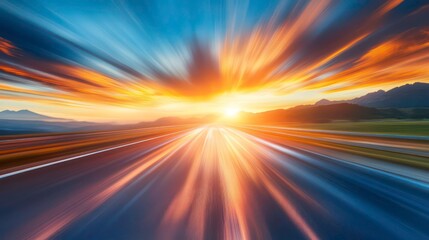 Naklejka premium High-speed road with motion blur, beautiful sunset, and mountains in the background