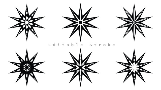 Cyber Y2K Multi Pointed Star Icons and Abstract Glint Shapes Set
